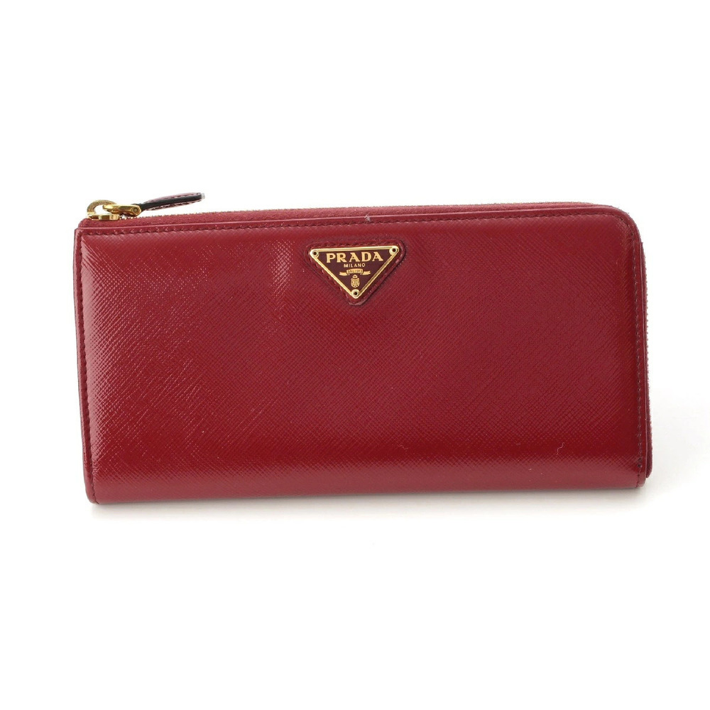 Prada Saffiano Triangle L shaped Zipper Long Wallet Red
